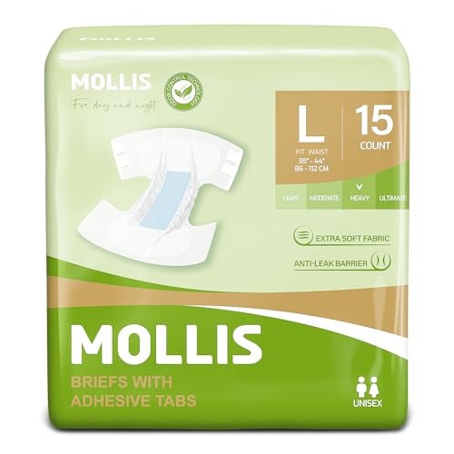 MOLLIS Pañales para Adultos Incontinencia, Bragas Absorbentes para Ancianos, Unisex, Hombres y Mujeres, Máxima Absorción, Control de Olores, Talla L, 15 Unidades