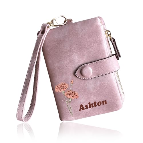 Personalized Wallets for Women - Custom Birth Flower and Name, Leather Ladies Wallet, Card Holder Coin Purse, Personalized Birthday Christmas Gifts for Mom Grandma (Colorful birthday flower)