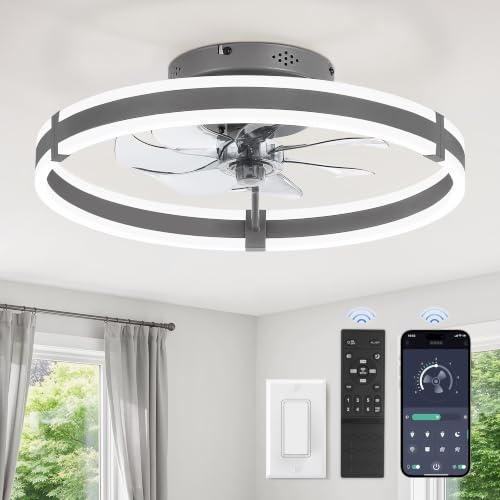 Image of ZMISHIBO Low Profile 19.7'' Ceiling Fans with Lights and Remote, Gray | 3000-6000K Dimmable LED Fandelier, Quiet DC Motor, Reversible Airflow, 6 Wind Speeds, Timer, Bedroom, Living Room, Kitchen