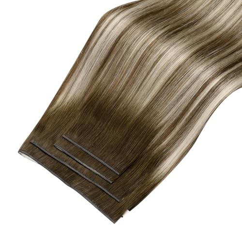 Image of LaaVoo Weft Tape Extensions Ombre Light Brown to Blonde Invisible Tape in Weft Hair Extensions Human Hair 120G Tape in Hair Extensions Balayage Brown Seamless 120G 20inch 4pcs