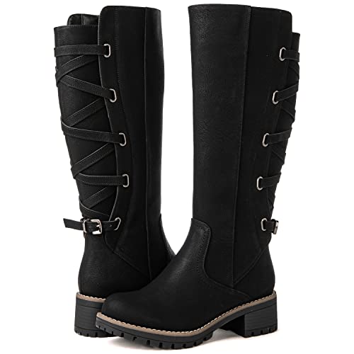 GLOBALWIN Women's Strappy Motorcycle Knee High Boots Riding Boots Back Lace Up Fall Winter Fashion Knee High Boots For Women