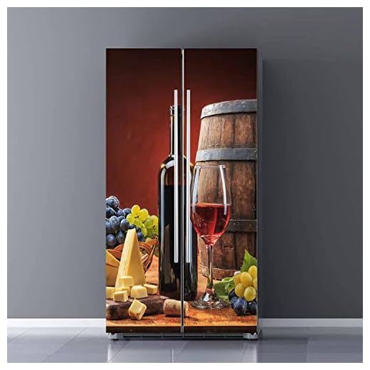 Self Adhesive Vinyl Refrigerator Wrap Set Red Wine Glass Bottle Composition Cheese Grape Door Mural Sticker Removable Fridge Sticker Gift for Wine Lovers Peel and Stick Kitchen Bar Decor
