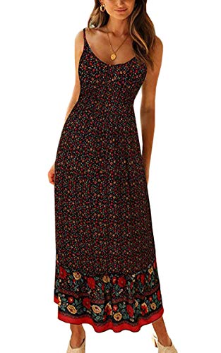 Image of Angashion Women's Dresses Floral Adjustable Spaghetti Strap V Neck Boho Long Maxi Dress Summer Beach Flowy Ethnic Sundress
