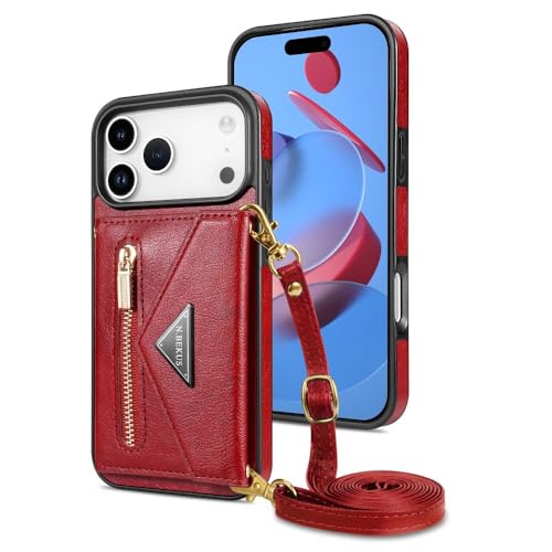 Étui iPhone 16 Pro Max rouge : housse portefeuille en cuir avec fentes cartes et dragonne