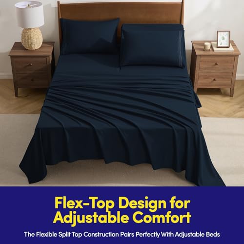 Image of Split Head King Sheets Set for Adjustable Beds 4 Piece Flex Top Bed Sheets - Deep Pocket Split Top Fitted Sheet with Built-in Corner Straps, Luxury Soft Cooling Bedding, Wrinkle Resistant, Navy