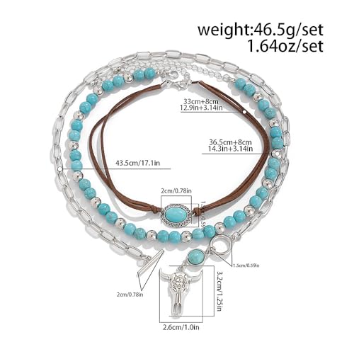 Boho Western Necklaces for Women,Turquoise Beaded Layered Necklaces Vintage Cow Cactus Pendant Choker Necklace Set,Cowgirl Jewelry Accessories Gifts2