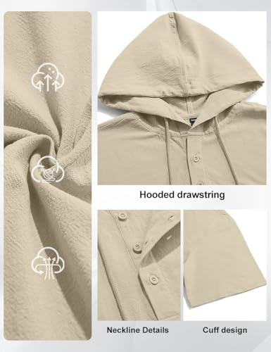 LINENNMAIN Men's Cotton Linen Shirts Short Sleeve Casual Button Down Hoodies Summer Hawaiian Beach Top with Drawstring Khaki