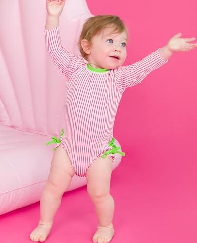 Image of RuffleButts Baby-Girls Seersucker Long Sleeve Rash Guard - One Piece Swimsuit UPF 50+ Toddler