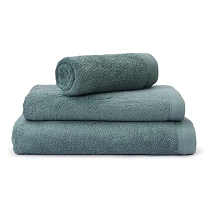 URBANARA Frottee-Handtücher Faia 4er-Set I 100% Bio-Baumwolle Made in Portugal Oeko Tex Standard 100 I 2X Handtuch [50x100 cm], 1x Duschtuch [100x150 cm], 1x Badetuch [70x140 cm], Grüngrau
