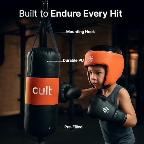 Image of Cult Kids Boxing Kit with Punching Bag, Gloves & Headgear - Durable PU Leather, Safe & Comfortable Training Set for Boys & Girls Ages 5-10 - Ideal for Fitness, Discipline & Fun - Orange
