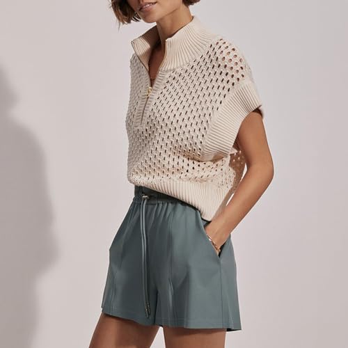 YEMOCILE Womens Half Zip Hollow Out Sweater Vest Sleeveless Summer Casual Knit Pullover V Neck Collar Knitted Loose Sweater4