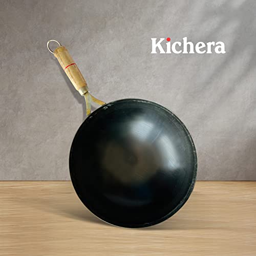 Image of Kichera 11 Inch Pre-Seasoned Iron Wok with Wooden Handle |Chinese Kadhai for Cooking & Deep Frying | Pure Iron Kadai Wok Fry Pan 29cm, 3.1Ltr, 1.2Kg| Gas Compatible | Round Base