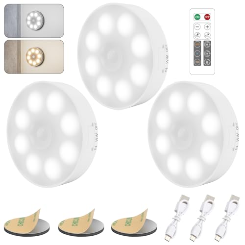 Electight 3 Pezzi Luce a Induzione Interna [con Telecomando], Luce Notturna con Sensore di Movimento Ricaricabile USB, Luminosità/Colore Regolabili, per Armadietto, Scale, Cucina, Corridoi