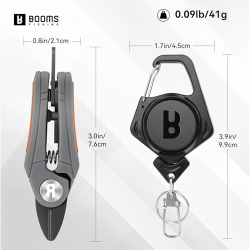Image of Booms Fishing Line Cutter with Retractor: Mini Fishing Scissors for Braided Momo Fluoro Line - Braid Scissors Saltwater with Hook Eye Cleaner - Serrated Shears with Locking Feature, FR1 Orange