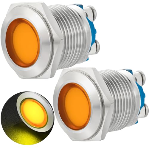(2 Pcs) Signal Light 16mm Indicator Light Yellow LED 5/8inch 12V/24V DC/AC Pilot Lamp Waterproof IP67 Metal Stainless Steel 304