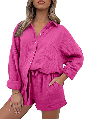 Image of Trendy Queen Two Piece Sets For Women Summer Short Sets | Matching Two Piece Pajama, Lounge Wear, Linen Set, Button-down Top with Matching Shorts, Perfect for Beach, Resort Wear