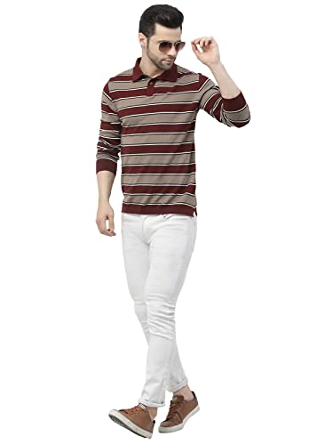 Image of Kalt Men Full Sleeve Multi Color Designer Striped Cotton Blend Polo T-Shirt with Collar Stylish