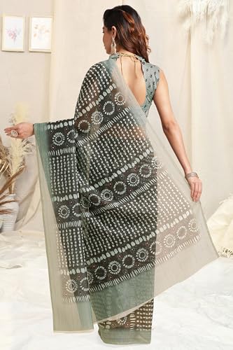Image of MIRCHI FASHION Women Saree Ajrakh Digital Printed Cotton Blend | Lightweight Professional Office Sari with Blouse Fabric