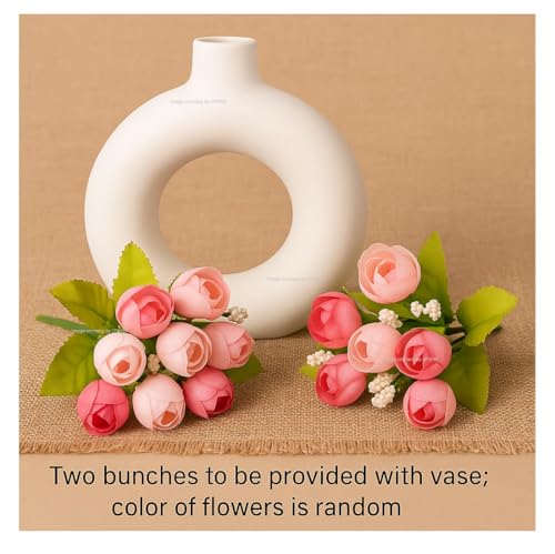 Image of SPHINX Ceramic Vase with Artificial Flowers| Flower Vase Pot for Home Decor,Living Room,Dining Table & Office|Modern Boho Minimalist Centerpiece for Decoration,Gifting (Donut with 2 Small Peonies)