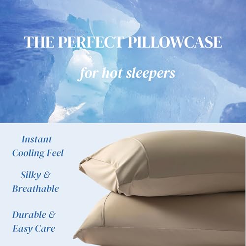 Image of Beckham Hotel Collection Cooling Pillowcases for Hot Sleepers, King Size Set of 2, Cool Bedding, Envelope Closure, Silky Soft, Breathable, Moisture-Wicking, Sand