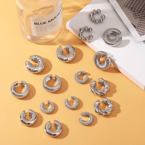 NEWITIN 8 Pairs Chunky Silver Ear Cuff Earrings for Women Trendy Thick Ear Cuffs Non Piercing Clip On Earrings Large Cuff Earring Cartilage Clip for Women by NEWITIN - Image 4