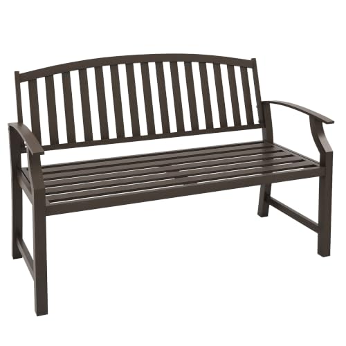 Image of Outsunny Garden Bench Outdoor Metal Bench with Slatted Backrest Brown