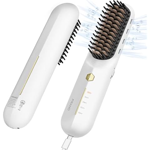 FRANO Cordless Hair Straightener Brush - Portable Straightening Brush for Travel, Negative Ions Fast Heating Straightener for Women，Lightweight Mini Hot Comb with Fast Charge USB+Type-C （White ） Cover