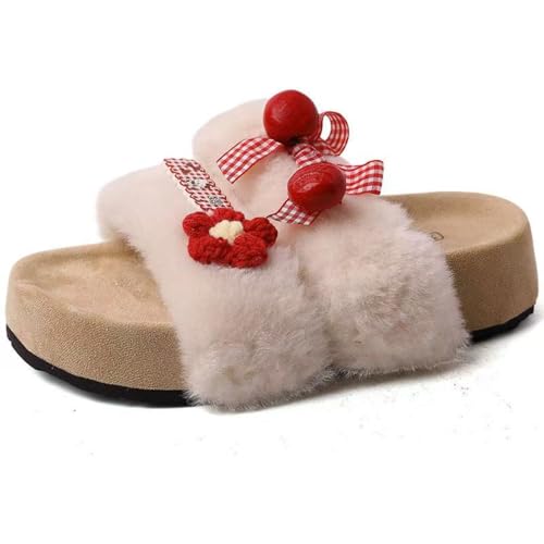 ZQW Plush Fuzzy Cartoon Slippers Y2K Bow Floral Chunky Platform Slides Non-Slip Comfortable Casual Dressy Shoes for Women