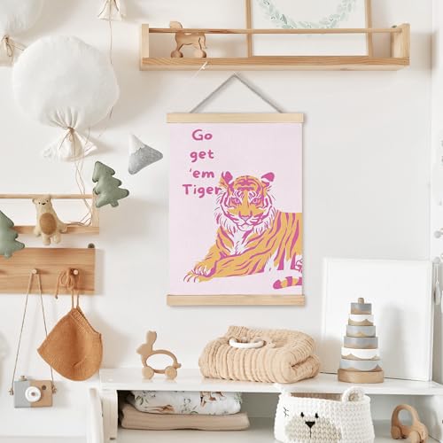 Image of PQKIY Preppy Pink and Orange Tiger Wall Art Poster Hanger Frame 12x16 in, Trendy Girly Y2K Aesthetic Pink Tiger Wall Decor Canvas Prints for Teen Girls Room Dorm Apartment