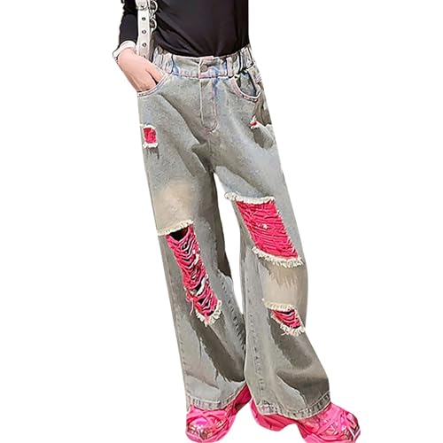 Ripped Denim Jeans for Kids Wide Leg Straight Adjustable High Waisted, Y2k Casual Streetwear Denim Pants for Girls