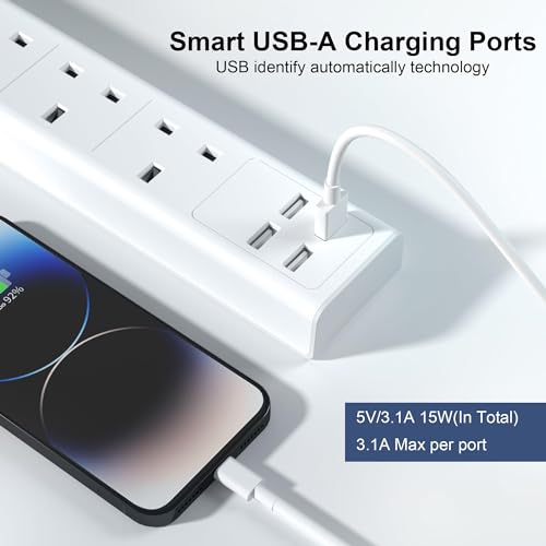 Extension Lead with USB Slots, 4 Way Sockets Outlets 4 USB Ports, 13A/3250W 1.8M Extention Cable with Switch Surge Protected Power Strips, UK Multi Plug Adapter Electrical Cords - Image 5