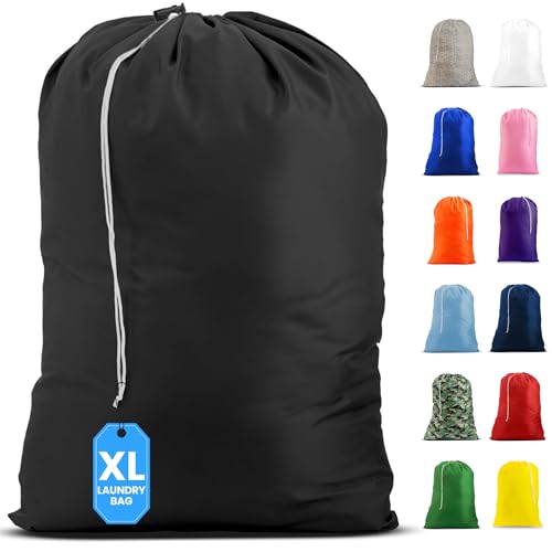 Nylon XL Laundry Bag, Large Capacity with Locking Drawstring, Machine Washable, Fits Laundry Baskets or Hampers, Holds 2 Loads of Clothes (Black, 30" x 40")
