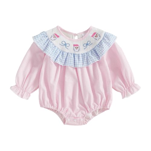 Newborn Infant Baby Girl Christmas Outfit Embroidery Long Sleeve Smocked Bubble Romper Ruffle Bodysuit