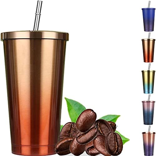 Stainless Steel Travel Mug with Straw and Lid, 500ml/17oz Travel Reusable Coffee Mug Travel Tumbler, Double Wall Vacuum Insulated Cup for Ice Cold or Warm Drinking(Gold Red)
