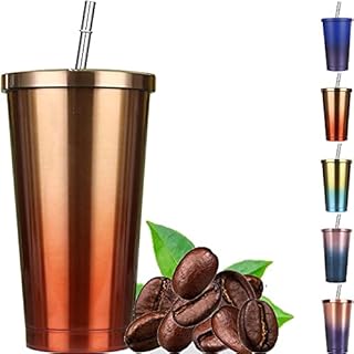 Stainless Steel Travel Mug with Straw and Lid, 500ml/17oz Travel Reusable Coffee Mug Travel Tumbler, Double Wall Vacuum Insulated Cup for Ice Cold or Warm Drinking(Gold Red)