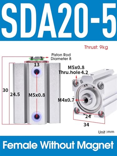 Cylindre pneumatique compact SDA20 à double effet avec alésage 20mm taraudé - 3