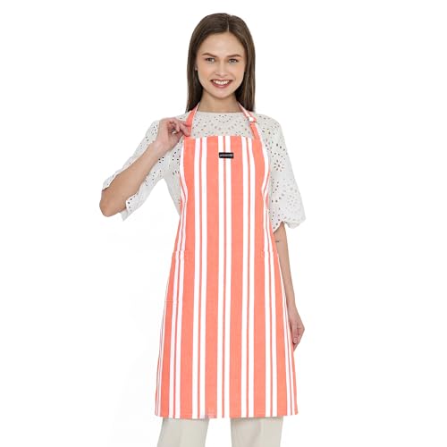 Image of Encasa XO Cotton Cooking kitchen Apron for Women and Men chef apron With adjustable neckstrap, Pocket & Towel Holder for Easy cooking, Baking, BBQ, Gardening- Franca Orange Stripes, 68x85 cm