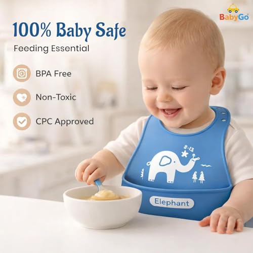 Image of BabyGo Silicone Baby Bibs | Waterproof Adjustable Feeding Bibs for Infants & Toddlers, Soft, Washable, Easy-Wipe & Reusable Baby Apron Bibs for Mealtime | Set of 2 (Multicolor)