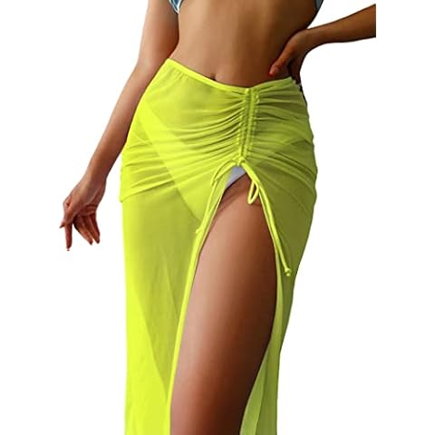 Women Bikini Cover Ups Summer Casual Beachwear See-Thru Mesh Maxi Skirt Lace-Up Long Sarong Wrap Swimsuit Beach Coverup (A-Yellow, XL) Cover