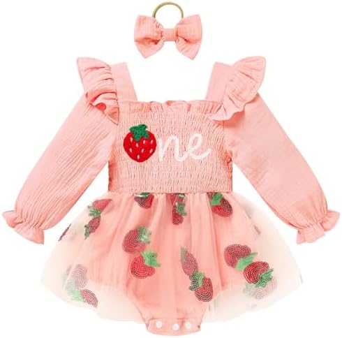 TITKKOP Baby Girl 1st Birthday Clothes One Year Old Tulle Romper Long Sleeve Bodysuit Cake Smash Outfits