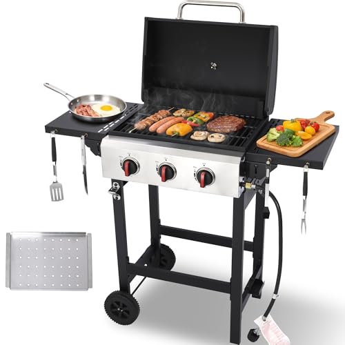 LMNOCHM Propane Grill with Folding Side Tables, 3-Burner Gas Grill