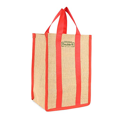 Image of DOUBLE R BAGS Laminated Jute Reusable Shopping Bags, Unisex-Adult, Shopper Tote, Vegetable Lunch Carry Bag With Full Handles Multi-Purpose Bag Stylish Designs (Red) Pack Of 1