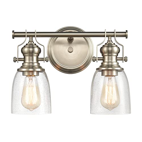 Image of Elk Home Chadwick 2-Light Industrial Vanity Wall Sconce - Satin Nickel, Seeded Glass Shades, 14 Inch Wide