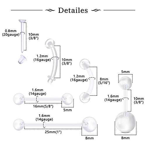MODRSA Mix Set Clear Piercing Retainers Septum Retainer Nose Studs Flexible Lip Ear Nose Tongue Rings Nipplering Cartilage Rook Daith Earrings Horseshoe Plastic Industrial Piercing Retainer for Work3
