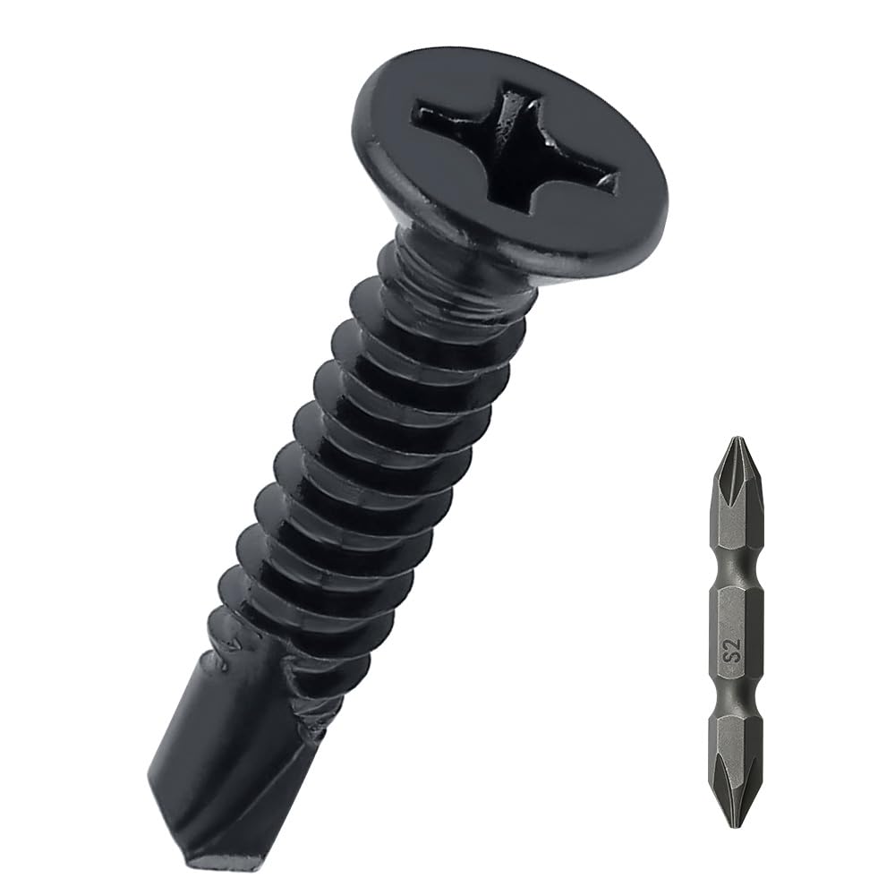#8 x 1-1/2" Flat Head Self Drilling Screws (50 pcs), 410 Stainless Steel, Phillips Drive #2, Black Oxide Coated Flat Head Self Tapping Screws,
