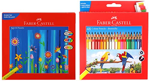 Image of Faber-Castell 48 Triangular Colour Pencils & Oil Pastels (Pack Of 50), Ink Multicolor