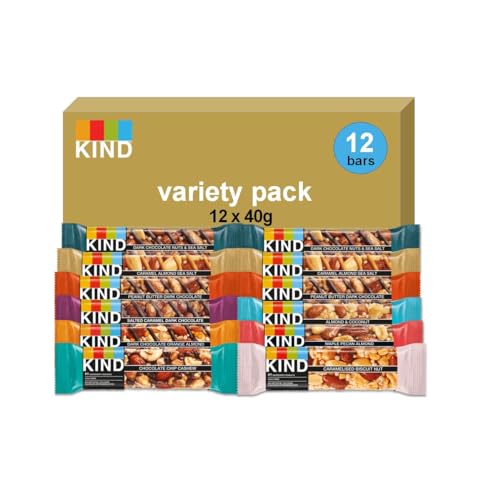 KIND Core Variety Pack, Gluten Free, High Fibre, No Artificial Flavours, Colours or Preservatives, 12 x 40g bars