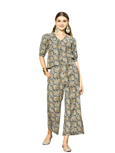 Image of Stylum Women's Printed Cotton Loungewear Co-Ord Set (Csvayu Mustard)