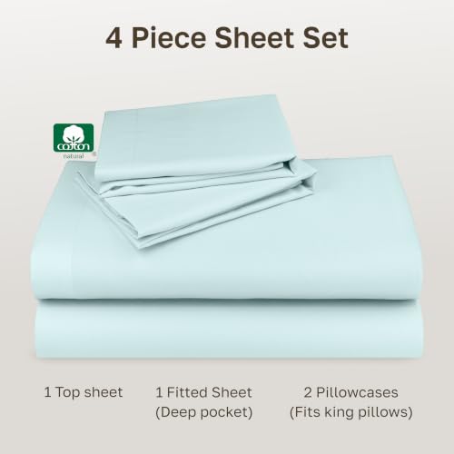Image of Natural 100% Cotton King Sheets Set, Soft, Durable Sateen, Seafoam | Good Housekeeping Seal, Lightweight, Breathable, For Hot Sleepers, 4pc Set, 14 inch Deep Pockets, All-around Elastic, OEKO-TEX
