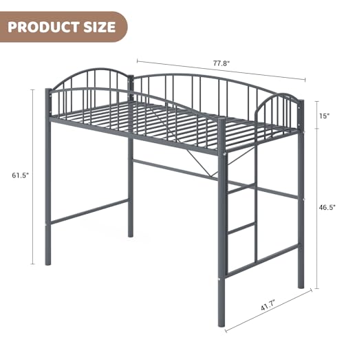 Garvee Loft Bed Twin Size with Ladde and Arched Guardrail, Heavy Duty Metal Loft Bed Frame for Kids and Adults, Sturdy Steel Slats Support, Small Space Saving Design, No Box Spring Needed, Gray